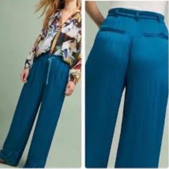 Anthropologie Elevenses Turquoise Blue Wide Leg Satin Trouser Pants Size 4 - Picture 3 of 13